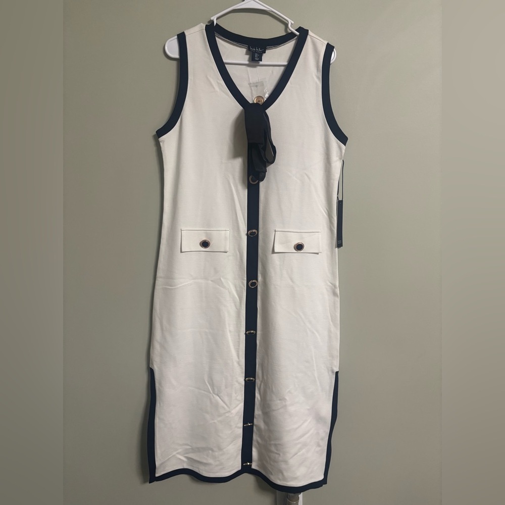 Nicole Miller Knit Midi Dress White Black Ribbon Tie Size Large 12-14 New Sailor - Picture 2 of 9